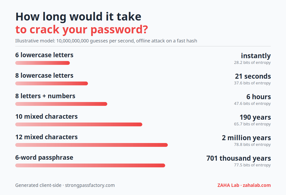 Chart: estimated time to crack passwords by pattern, from instantly for 6 lowercase letters to thousands of years for a 12-character mixed password or a 4-word passphrase